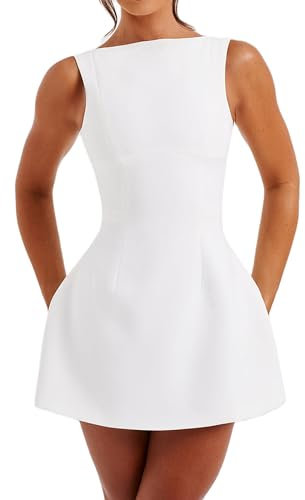 Acrawnni Women Cap Sleeve Mini Dress Mock Neck Zipper Fake Pockets Slim Flare Tank Short Dress Elegant A Line Dress Clubwear (B-White, S)