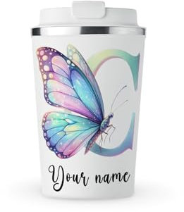 MAXIKIWI - Personalised Insulated Double Walled, Leakproof Stainless Steel Mug, Coffee or Tea Travel Tumbler with Lid, Keep Drinks Hot and Cold - Butterfly - 350ml