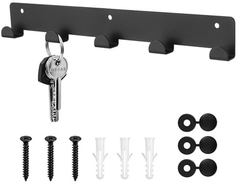 Crochets Porte Clef Mural, Porte Clé Mural, Accroche Clef Mural avec 5 Crochets, Porte-clés Mural en Métal Noir pour Couloir, Cuisine, Chambre à Coucher, Salon, Salle de Bain, Bureau