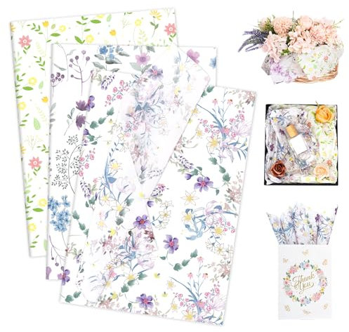 Larcenciel 60 Hojas Papel de Seda para Envolver, Elegante Papel Seda Floral para Bolsas de Regalo, Papel de Regalo Morado y Amarillo con 3 Motivos Vintage para Cumpleaño, Navidad, Boda, DIY, 50x35CM