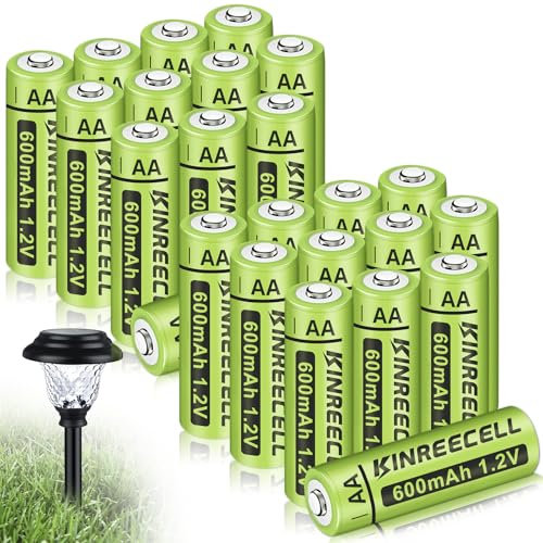 KINREECELL Rechargeable AA 600mAh Batteries, Ni-MH Double A Solar Batteries High Capacity 1.2V Pre-Charged for Outdoor Solar Lights(24pack)