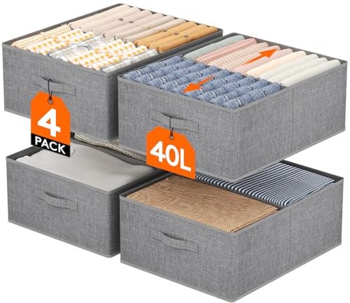 Lifewit Groß 4er Set Aufbewahrungsboxen, faltbarer Kleiderschrank Aufbewahrungskorb mit EntfernbareTrennwand, Aufbewahrungsschublade aus Stoff mit Griff für Kleidung, Hosen, Socken, 50 x 40 x 20 cm