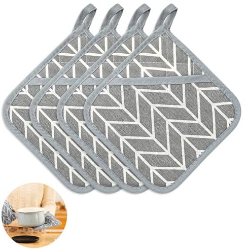 Topflappen Baumwolle, 4 Stücke Topfuntersetzer Hitzebeständige, Topflappen, 17x17 cm Hitzebestaendig Topflappen, Topflappen Kitchen, für Öfen, Kuche Backe, Grau