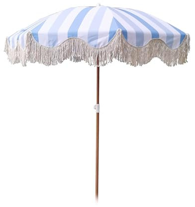 Parasol de plage rayé de 200 cm, inclinable et portable avec pompons pour piscine, balcon et terrasse, bleu, bleu, 200cm/6.6ft