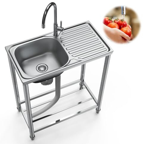 Freistehende Edelstahl Spültisch Gastro 1 Becken, | |Gewerbliche Spülbecken mit Wasserhahn,Ablassvorrichtung, für Bepflanzung von Blumenkästen und Töpfen, Gartengeräte-Reinigung (75×40×80 cm)