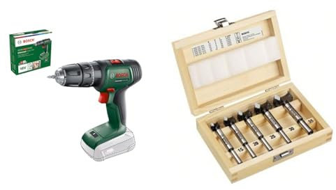 Bosch Home and Garden Cordless Combi Drill UniversalImpact 18 (Without Battery, 18 Volt System, in Carton Packaging) + 5-Piece Tungsten Carbide Hinge Cutting bit Set (Ø 15/20/25/30/35 mm, Accessory)