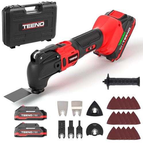 TEENO Multiutensile oscillante, 20V Brushless strumento multifunzione con 6 velocità, 8500-21000 giri/min, 25 accessori, strumenti oscillanti per tagliare, levigare e lucidatura (2*batterie)