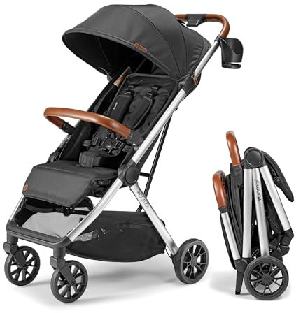 Bombi Bebee V2 leichter Kinderwagen – erstklassiges veganes Leder, einhändig faltbar, unendliche Neigung, Rahmen aus Flugzeugaluminium, XXL-Baldachin und reichlich Stauraum – Mitternachtsschwarz