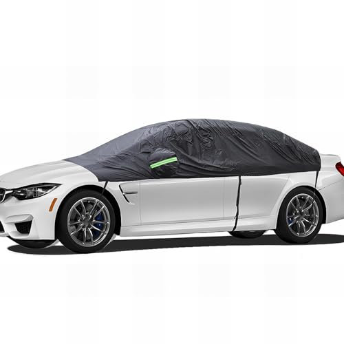 KBDDM Halbe Autoabdeckung Wasserdicht für Peugeot 107 (2005-2012), Halbgarage Auto Halbe Autoplane Wetterfeste Auto Abdeckplane Outdoor Auto Scheibenabdeckung