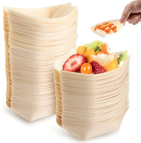 APACALI Lot de 200 Assiettes pour Amuse-Gueules en Bois de Peuplier et Feuille de Palmier, Forme de Bateau, Dégradables et Biodégradables, Idéales pour Currywurst, Snacks, Barbecues et Fêtes