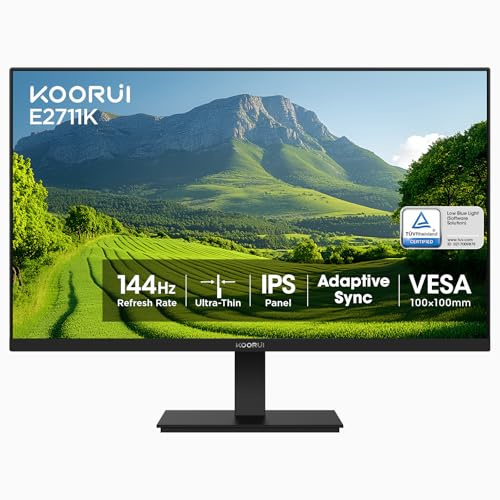 KOORUI 27 Inch Monitor FHD 1080P 144Hz Computer Monitor IPS Display 1500:1 Contrast Ratio with HDMI VGA, Three-Sided Slim Bezels, Freesync, 100 x 100 mm VESA Mountable, Ergonomic Tilt, Black