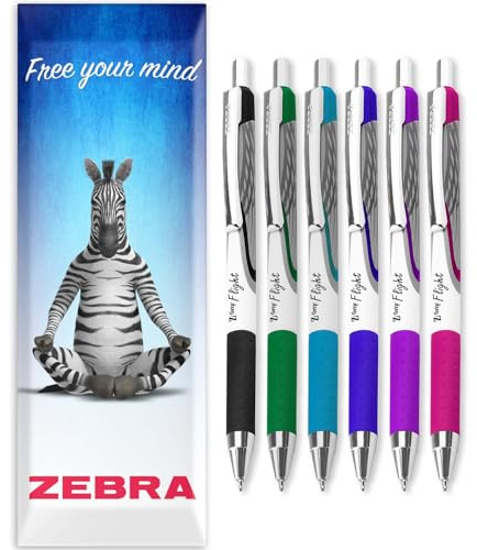 Zebra Classic Z-Grip Flight Ballpoint Pens - 1.2mm - Black, Green, Blue, Light Blue, Purple, & Pink Ink - Pack of 6 - In Envelope Gift Packaging
