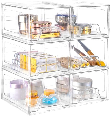 Stebopum 6Pack Clear Drawer Organiser,Plastic Stackable Storage Drawers | Acrylic Makeup Organiser for Vanity,Cupboard Organiser,Bathroom Storage Box