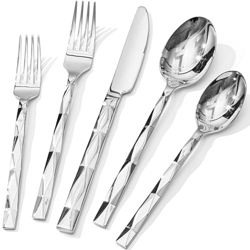HIKAA 18/10 Edelstahl Besteck Set 4 Personen, Luxuriöses 20-tlg besteckset | Essesteck mit Diamantschliffmuster für Haushalt, Hochzeit, Party, Cutlery Set Hochglanzpoliert und Spülmaschinenfest