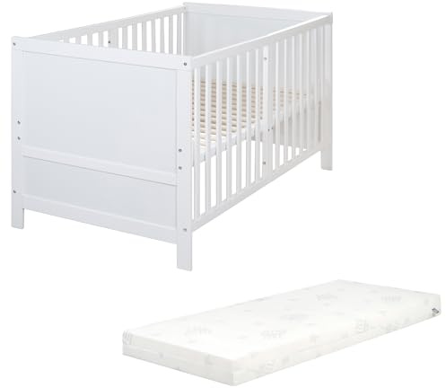 roba Babybett EASY SLEEP 70 x 140 cm inkl. Umbauecken + Matratze safe asleep Roll Air - Mitwachsendes Gitterbett 3-fach höhenverstellbar - 3 Schlupfsprossen - Holz weiß lackiert