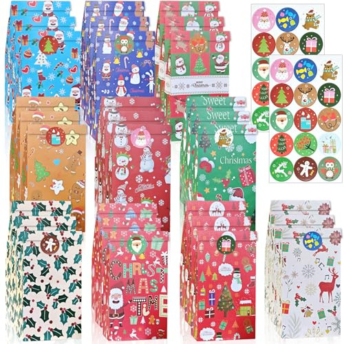 Geschenktüten Weihnachten,30 Stück Papiertüten Geschenktüten,Weihnachtspapiertüte mit 30 Aufkleber,Papiertüten Weihnachten,Multifunktionale Papier Tüten,für Kekse,Klein Geschenke,Partys