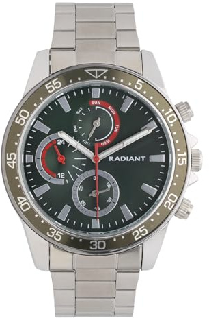 Radiant Analoge Herrenuhr, rundes Gehäuse von 44 mm, Silber/Grau, grünes Zifferblatt, Silber/graues Stahlarmband mit Deployant-Verschluss, wasserdicht bis 5 ATM