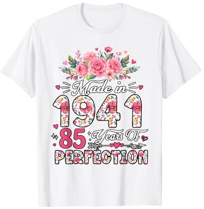 Décorations d'anniversaire 85 Ans pour Homme et Femme Motif Floral T-Shirt