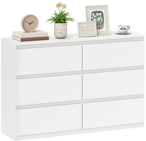 HOMCOM Kommode mit 6 Schubladen Schubladenschrank 112 x 34 x 75 cm Weiß | Moderner Schubladenschrank, Sideboard, Schlafzimmer, Wohnzimmer, Flur
