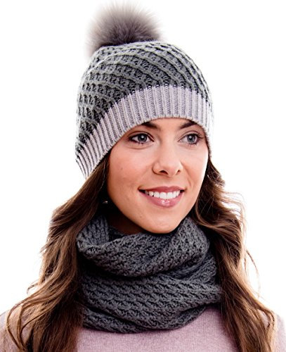 Hilltop Winter Kombi Set, bestehend aus Damen Schal und passender Strick Mütze. Bommelmütze mit Pompon in aktuellen Farbkombinationen, Winter Set:4D-grau
