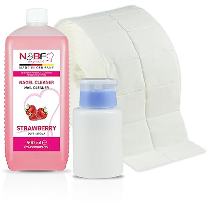 N&BF Nagel Cleaner Set mit Duft 500ml + Dispenser Pumpflasche Blau 150ml + 1000 Zelletten Cellulose Pads (2 Rollen à 500 Stück) - 70% Isopropanol-Alkohol – für Gelnägel – Nagelreiniger (Erdbeer)