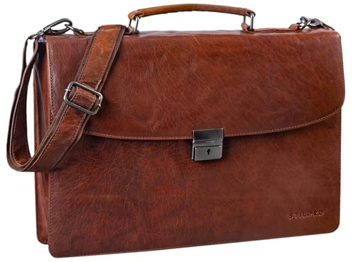 STILORD Jonathan Elegante Aktentasche Klassische Büro Business-Tasche Schultertasche groß 15,6 Zoll mit Schloss Echtleder Arbeitstasche mit Griff und Schultergurt Farbe:Brandy - braun