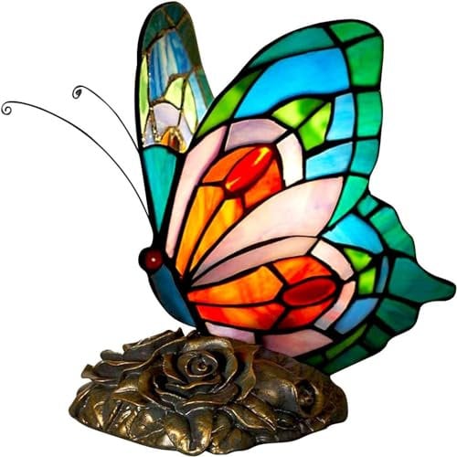 FUMAT Tiffany Tischlampe Nachttischlampe Blau Schmetterling färben Glas Vintage Lampenschirm für Schlafzimmer, Schreibtischlampe für Wohnzimmer Lesen