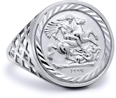 Jewelco Europa Herrenring aus massivem Sterlingsilber, St. George Dragon Slayer-Korb, Ring in Zehntel-Krügerrand-Größe