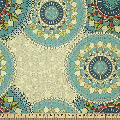 ABAKUHAUS Mandala Stoff als Meterware, marokkanische Motive, Microfaser Stoff für Dekoratives Basteln, 1M (230x100cm), Beige Grün Teal