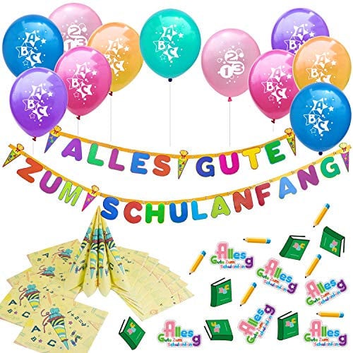 Oblique Unique® Schuleinführung Schulanfang Einschulung Deko Set für Jungs und Mädchen - 10 Luftballons + Alles Gute zum Schulanfang Girlande + 20 Servietten + Konfetti Set