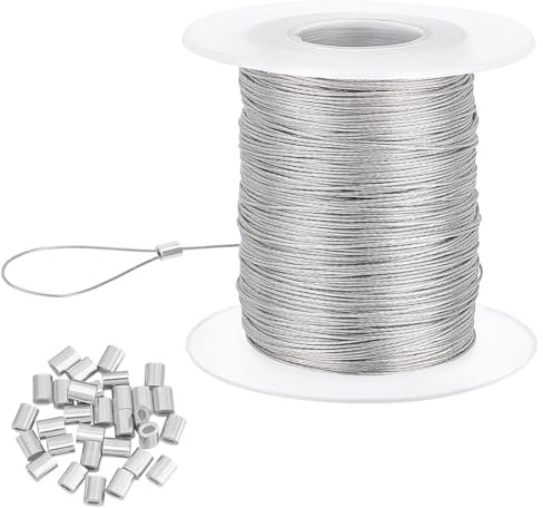 PandaHall Alambres Colgantes de Cuadros Resistentes de 100 m de 0.5 mm, Alambre Colgante de Marco de Fotos de Acero Inoxidable 304 con 30 Piezas de Manga de Bucle de Prensado para Marcos de Espejos