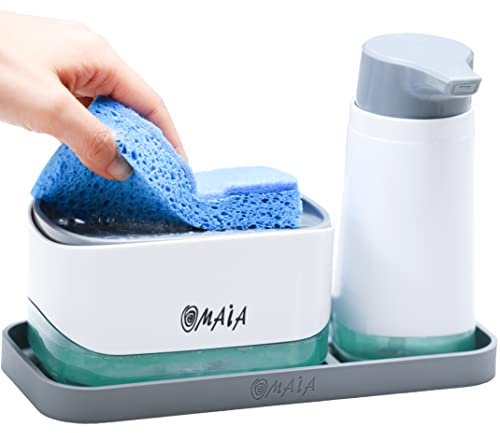 OMAIA Distributeur de Savon à Vaisselle 4 en 1 – Distributeur de Savon de Cuisine avec Porte-éponge et Distributeur de Savon Liquide pour Les Mains et Plateau en Silicone – Organiseur de comptoir –