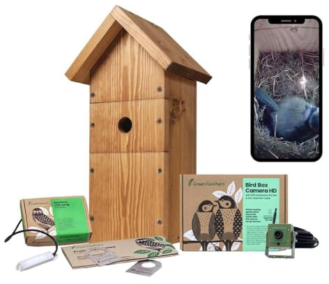 Green Feathers WiFi Birdbox Camera, 1080p HD Smart Camera with Recording and Night Vision, Garden Wildlife Camera for Bird Watching, Wildlife Viewing on Phone - Complete Pack