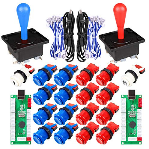 Fosiya 2 Joueur Arcade Jeu Kits DIY Ellipse Ovale Happ Type de Joystick poignée + 18x American Style Arcade Boutons Poussoir (Inclure 1p / 2p Boutons Start) (Rouge & Bleu)