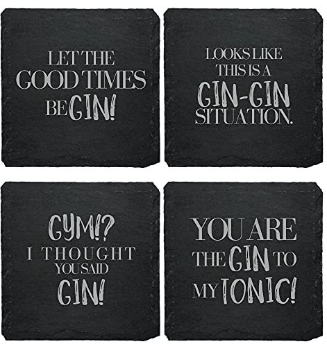 Schiefer Untersetzer Set (4 Stück) für Gin mit Ginsprüchen - Untersetzer aus Schiefer für Ginfans Geschenkidee Ginliebhaber (englische Sprüche)