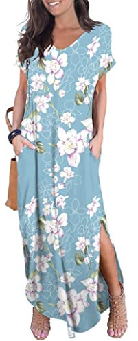 GRECERELLE Women Maxi Long Dress Summer Casual Beach Boho Short Sleeve V Neck Maxi Dresses with Pocket (FP Light Blue, XL)