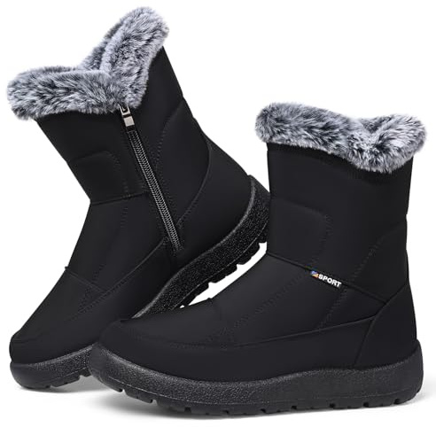 SHIBEVER Women's Snow Boots Winter: Waterproof Fur Lined Anti-Slip Ankle Booties Outdoor Comfortable Furry Women Snow Boot Black Size 9