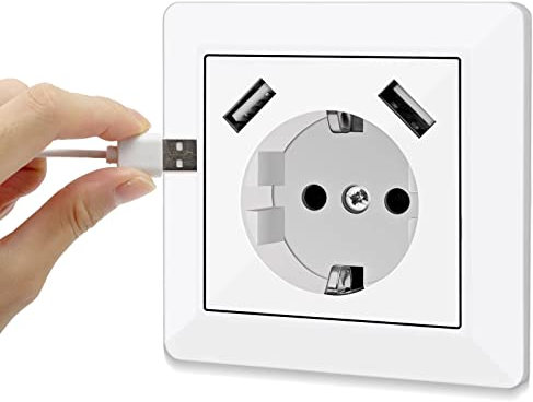 Steckdose mit USB Ports 3.4 Amp Design Schutzkontakt Wandsteckdose einfach USB Steckdose unterputz Ladegerät für Handys etc Sockeltiefe nur 32mm …
