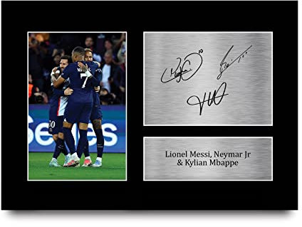 HWC Trading A4 Lionel Messi, Neymar Jr & Kylian Mbappe PSG Geschenke Gedrucktes Signiertes Autogramm Foto für Fußball Anhänger and Fans - A4