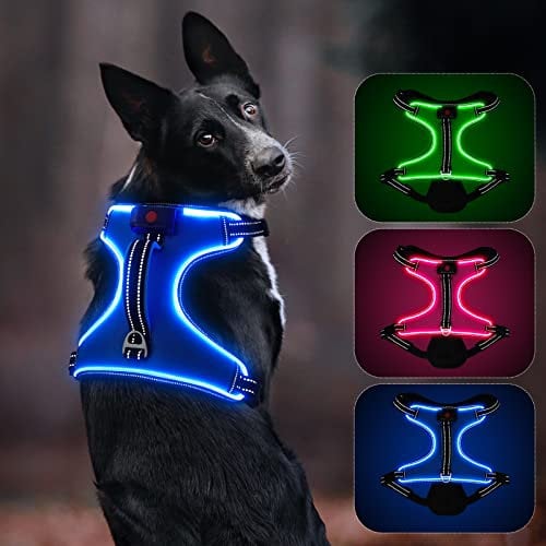 Leuchtendes Hundegeschirr, Colaseeme Anti Zug Hundegeschirr mit Reflexstreifen und Kontrolle Verstellbar Geschirr, LED Hundegeschirr Wieder, aufladbares Beleuchtetes Hundegeschirr, Blau L