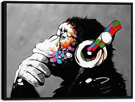 Wieco Art Black Framed Monkey With Headphones Banksy Graffiti Art Abstract Canvas Painting Posters and Prints Animal Canvas Wall Art for Wall Decor and Home decorations