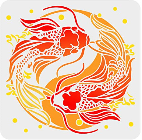 FINGERINSPIRE Koi Schablone 30x30cm Yin Yang Koi Fisch Malschablonen Kunststoff Koi Fisch Muster Schablone Große Wiederverwendbare Karpfen Fisch Schablonen Zum Malen von Heimwerken als Dekoration