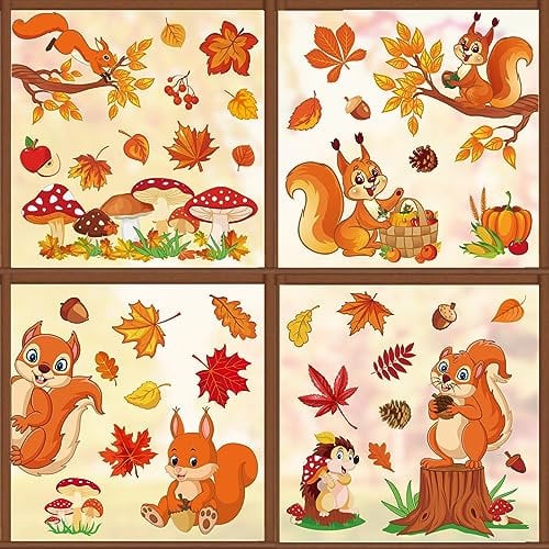 Whaline 9 Blatt Herbst Eichhörnchen Fensteraufkleber Igel Ahornblätter Tannenzapfen Pilz Fensteraufkleber Thanksgiving Fensteraufkleber für Herbst Thanksgiving Ernte Zuhause Schule Büro Party Supplies