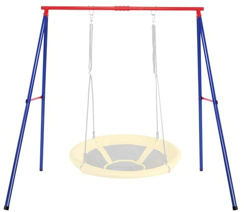 GYMAX Kids Swing Frame, Heavy Duty Metal Swing Stand with Ground Stakes, Garden Single Swing A Frame for Outdoor Indoor, 250kg Weight Capacity (Red+Blue)