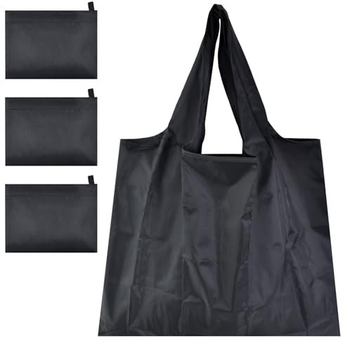 Nramwell 3 PCS Reusable Grocery Bags Foldable, Large Shopping Bags with Handles, Shopping Bag Folds into Pouch, 50 x 48 cm Black Shopper Bags Foldable for Vegetable Food Travel Beach Camping