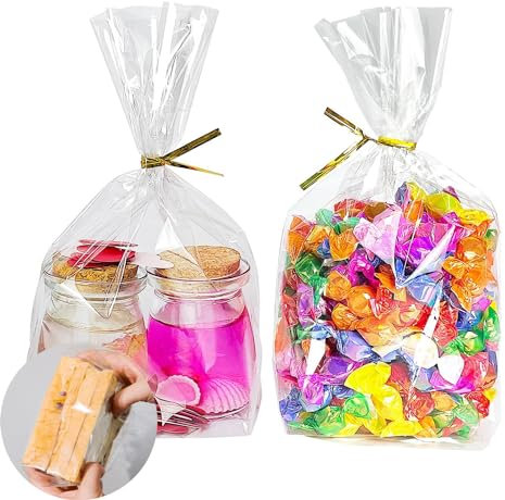 Lot de 100 sacs en cellophane avec fond - 15 x 25 cm - Grands sacs transparents - Avec 100 emballages pour cravates - Pour pain, confiserie et biscuits