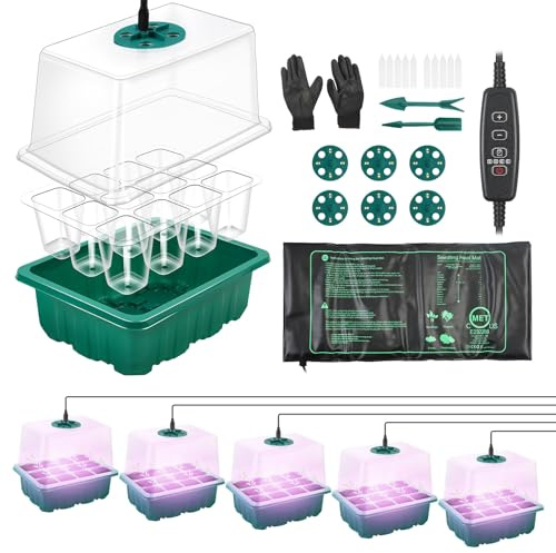 MaxAwe 5 Packs Seed Starter Tray with Seedling Heat Mat, Timer & Grow Light | 60 Reusable Cells, 40 Full Spectrum LED Lamp Beads, Adjustable Humidity Dome and Base, Seed Growing Plant for Greenhouse