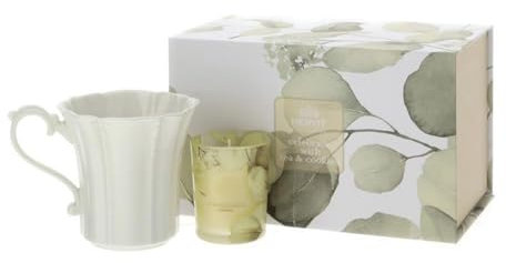 Hervit Set Candela Profumata con Tazza Mug in Porcellana in Box Regalo Botanic - Scatola Regalo con Tazza da Te 270ml e Candela al Biscotto 70gr - 4 colori differenti (Giallo)