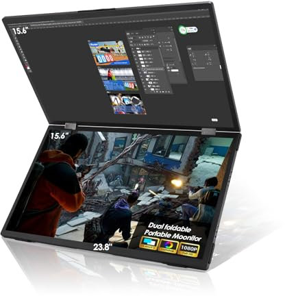 Dpofirs Monitor Portátil Dual de 15,6 Pulgadas, Monitor Plegable Portátil de Pantalla Triple, Extensor de Pantalla Multifuncional 1920x1080P 60 Hz para Windows Mac OS Smartphone, PS,