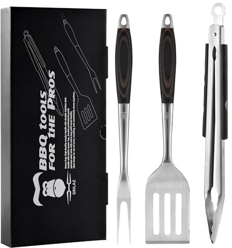 Grilaz Edelstahl-Grillwerkzeug-Set | dunkel gefärbte Holzgriffe | robustes Grillzubehör | 3-teiliges Outdoor-Grillutensilien-Set mit Spatel, Gabel und Zange – ideales Geschenk für Männer